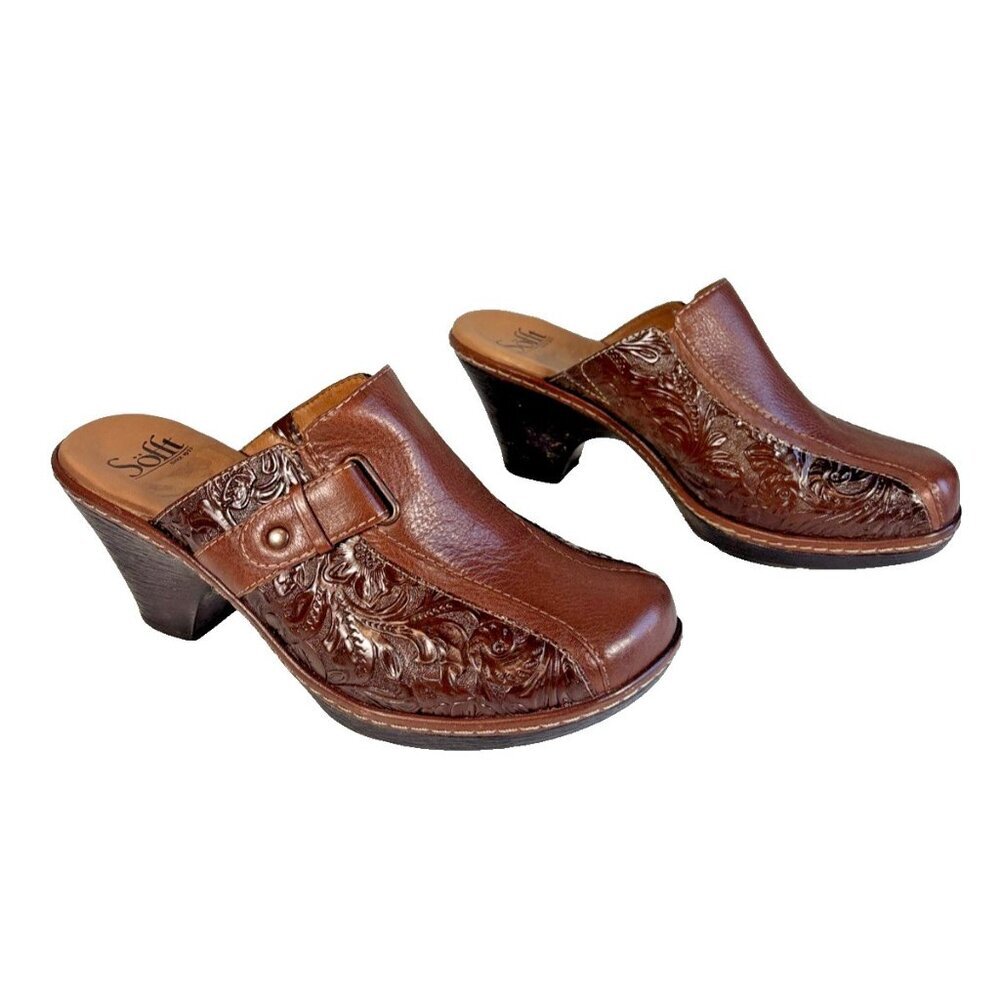 Sofft  Brown Leather Mule Clogs Comfort Tooled Leather Floral Slip On Women's 9M
